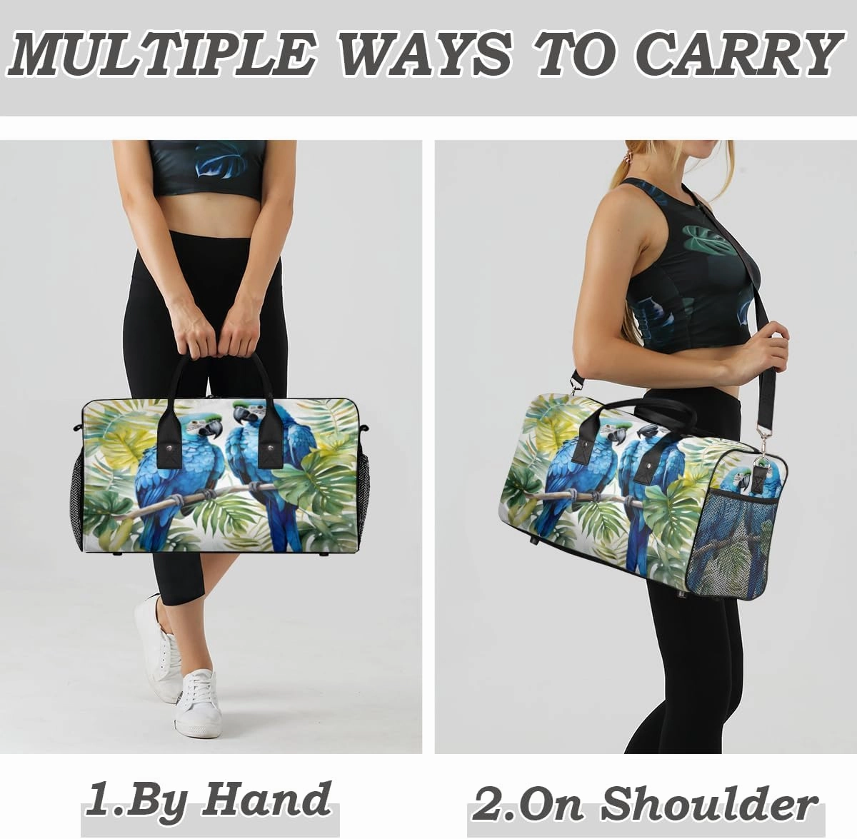 Tropical Birds Parrot Travel Duffle Bag for Women Men Foldable Waterproof Weekender Bag Carry on Tote for Overnight Sports Gym Parrots Flowers Leaves