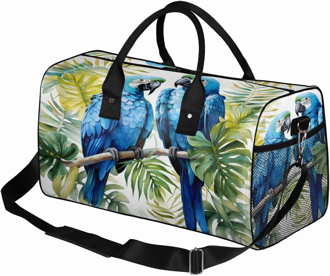 Tropical Birds Parrot Travel Duffle Bag for Women Men Foldable Waterproof Weekender Bag Carry on Tote for Overnight Sports Gym Parrots Flowers Leaves