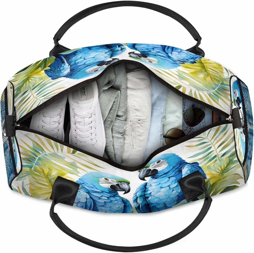 Tropical Birds Parrot Travel Duffle Bag for Women Men Foldable Waterproof Weekender Bag Carry on Tote for Overnight Sports Gym Parrots Flowers Leaves