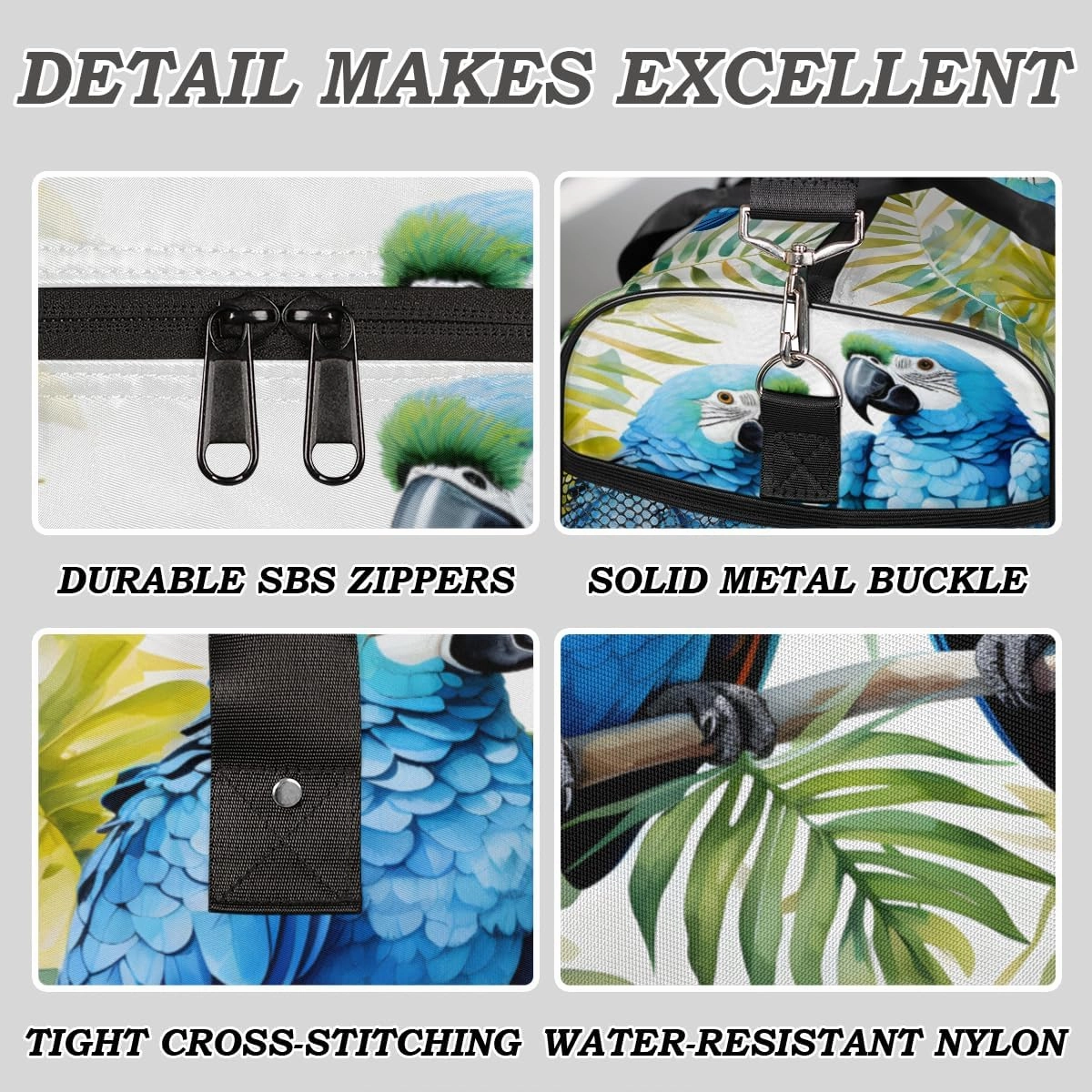 Tropical Birds Parrot Travel Duffle Bag for Women Men Foldable Waterproof Weekender Bag Carry on Tote for Overnight Sports Gym Parrots Flowers Leaves
