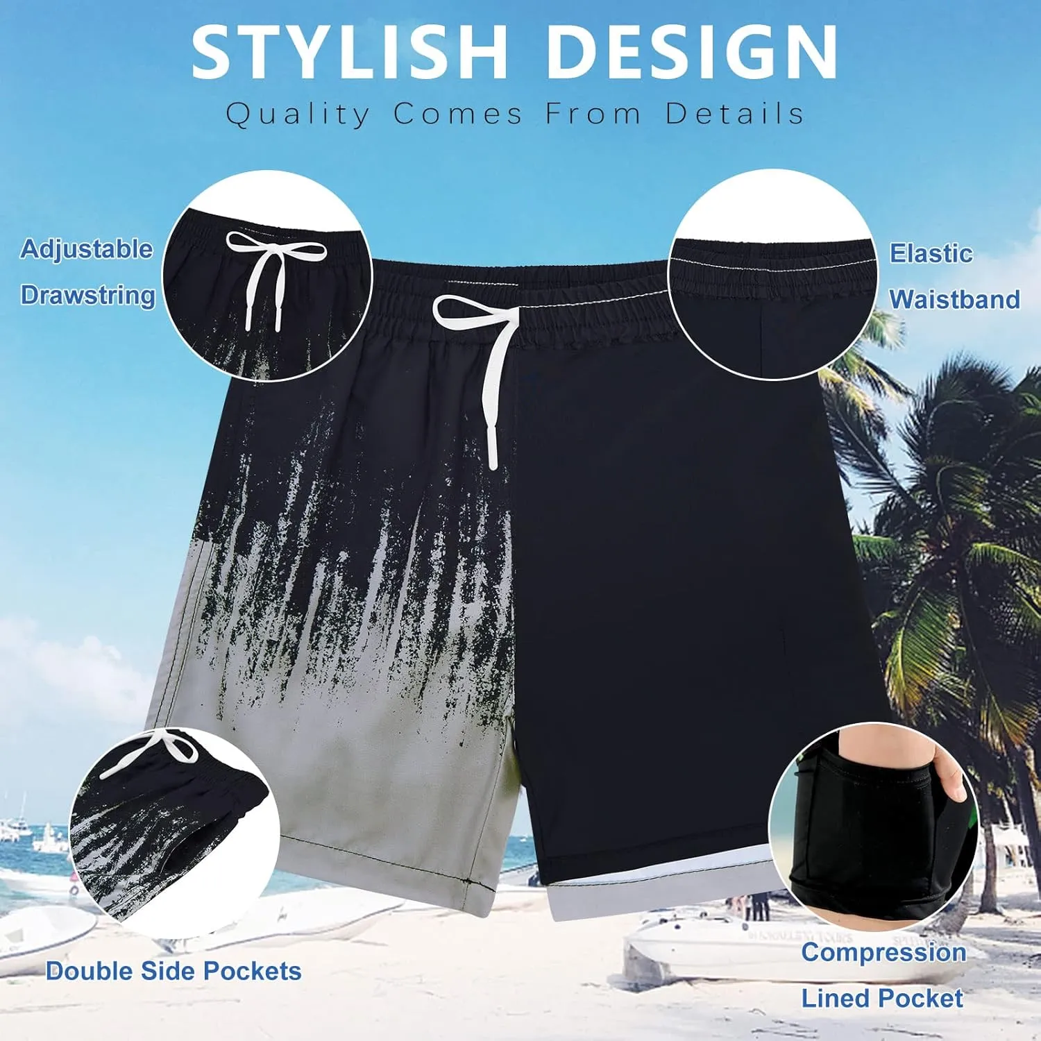 TUONROAD Boys Swim Trunks with Compression Liner Quick Dry Board Shorts with Boxer Brief Lined Bathing Suit 8-20 Years