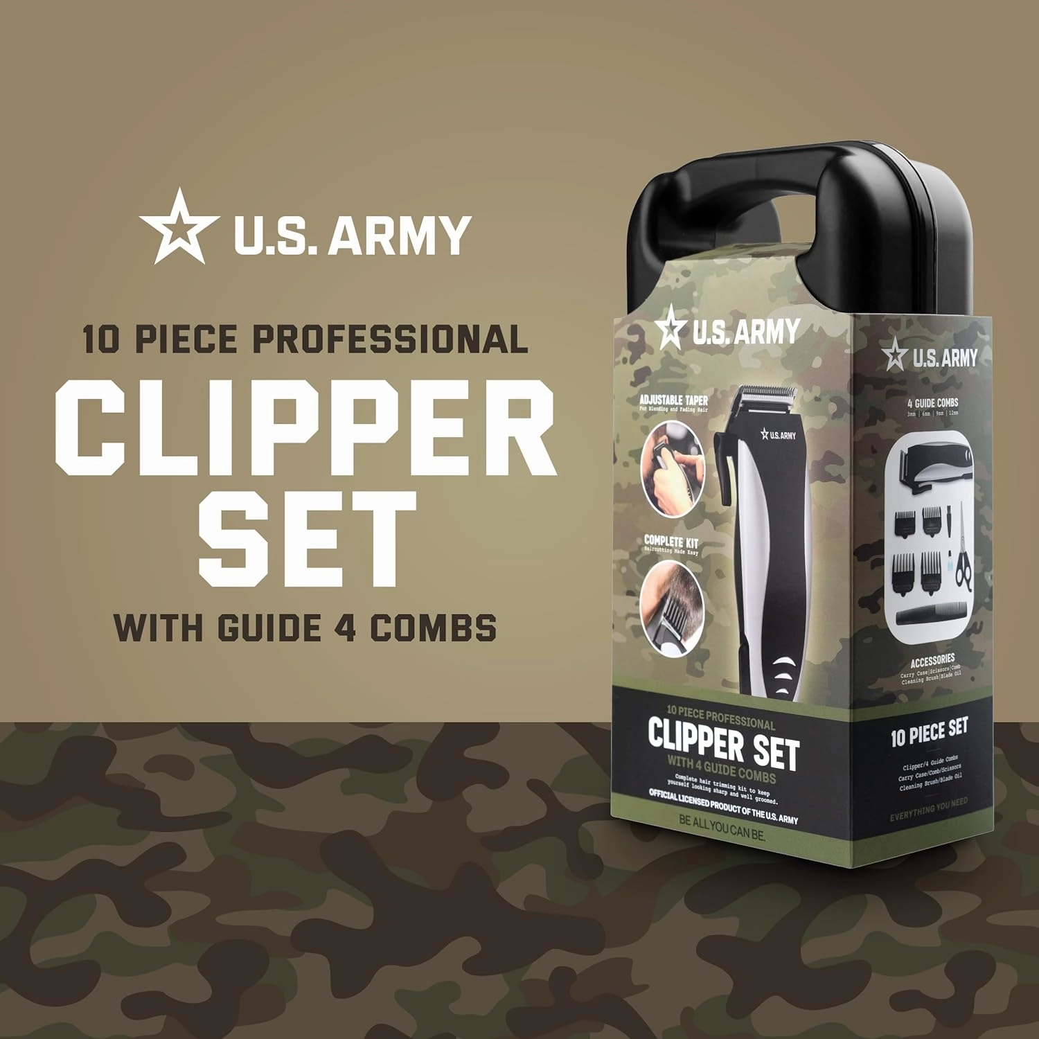 U.S. Army Hair Clippers for Men, 10 Piece Professional Trimmer Set with 4 Guide Combs, Electric Razor Kit