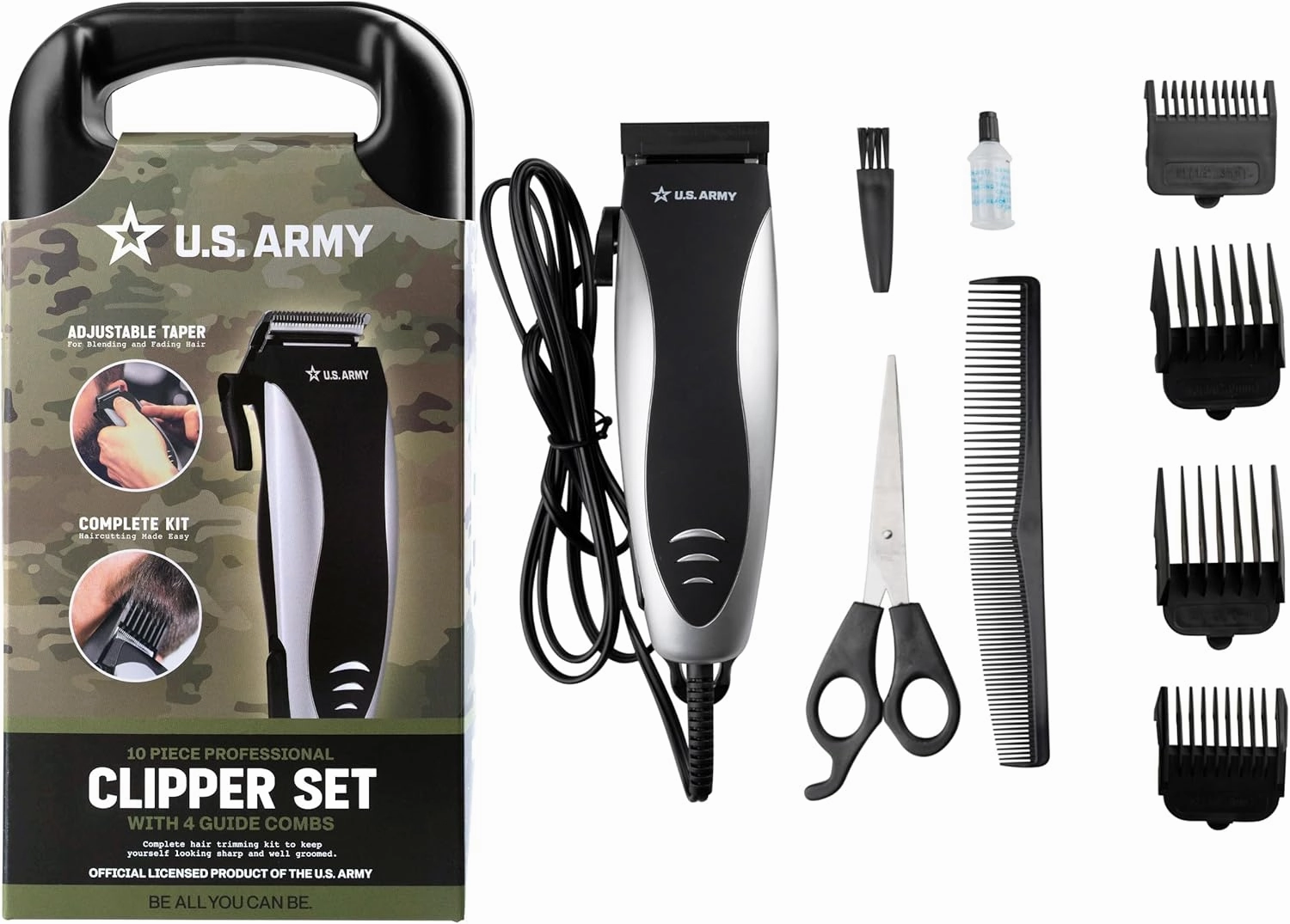 U.S. Army Hair Clippers for Men, 10 Piece Professional Trimmer Set with 4 Guide Combs, Electric Razor Kit