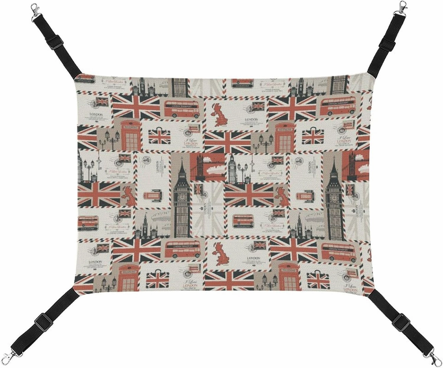 UK and London Theme Cat Hanging Hammock Soft Breathable Pet Cage Dog Hammock with Adjustable Straps and Metal Hooks
