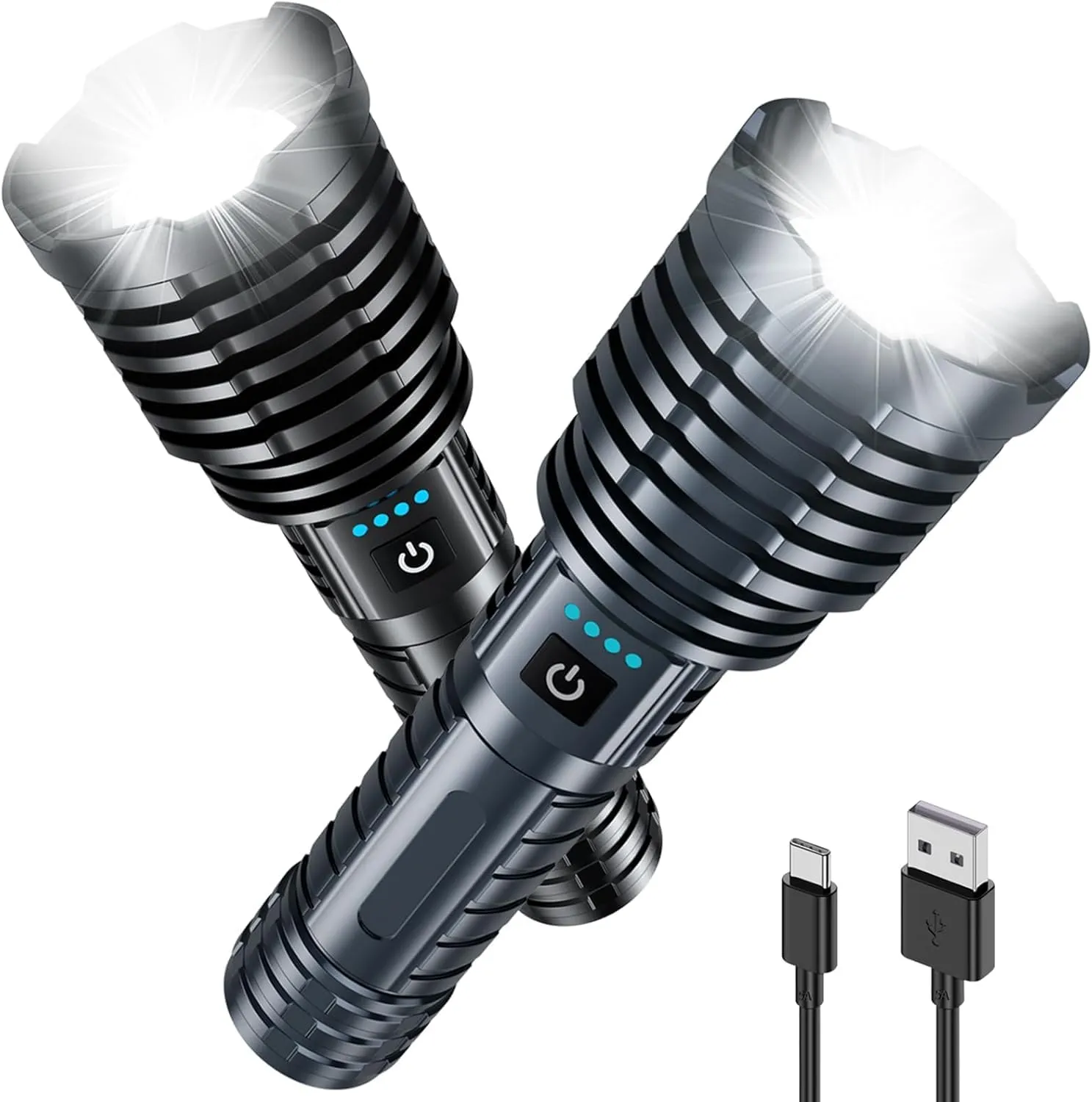 Ultra Bright XHP160-A8 LED Flashlight Black & Grey 2PCS Set, Rechargeable Flashlights High Lumens in Total,Waterproof Tactical Flashlight Powered by 10000mAh Battery W/Zoomable 5 Modes