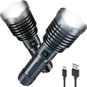 Ultra Bright XHP160-A8 LED Flashlight Black & Grey 2PCS Set, Rechargeable Flashlights High Lumens in Total,Waterproof Tactical Flashlight Powered by 10000mAh Battery W/Zoomable 5 Modes