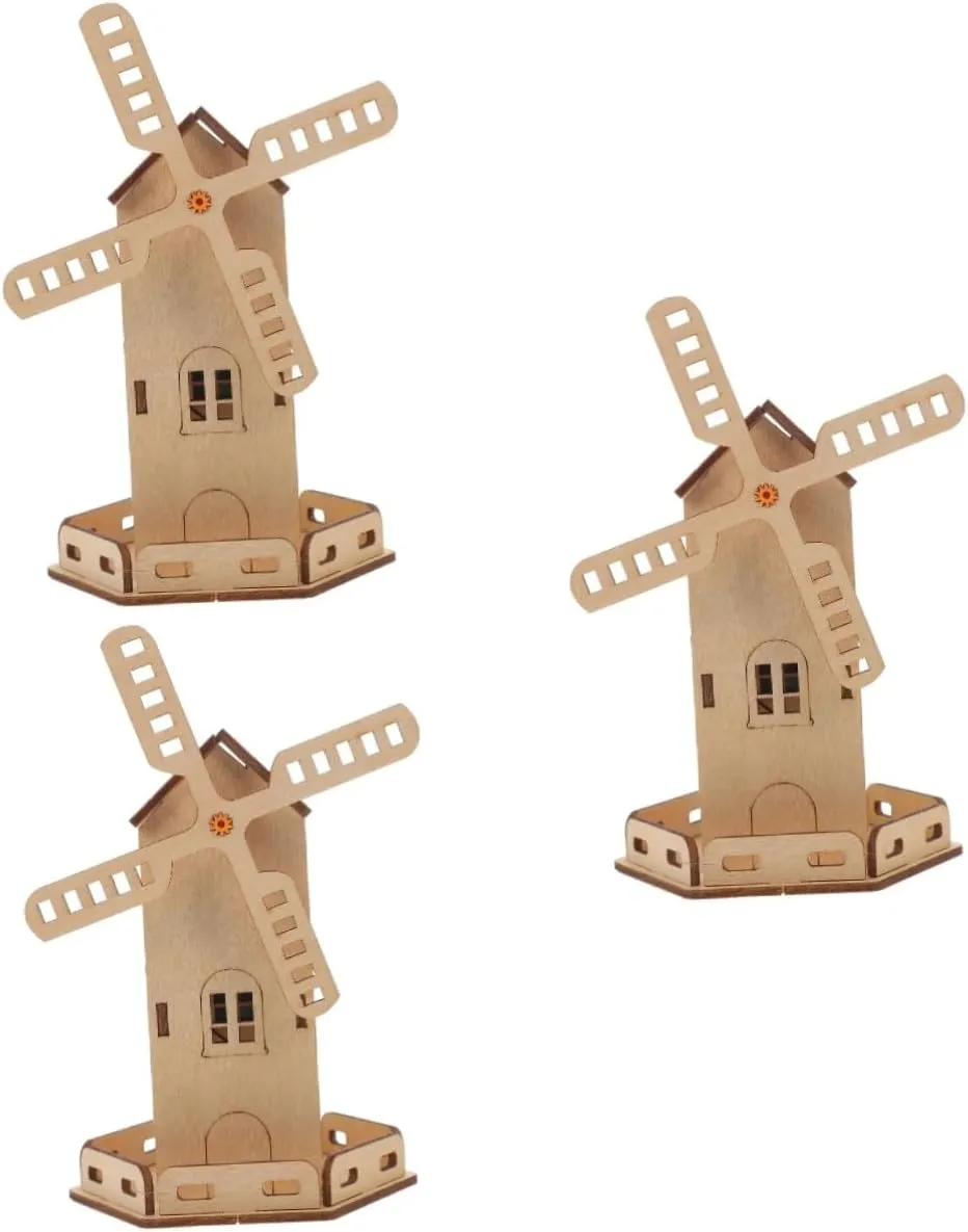 Uonlytech 3 Sets DIY Solar Wooden Windmill Assembly for Science Learning Plaything Educational Hands Activity for Boys and Promotes Creativity and Problem Solving Skills