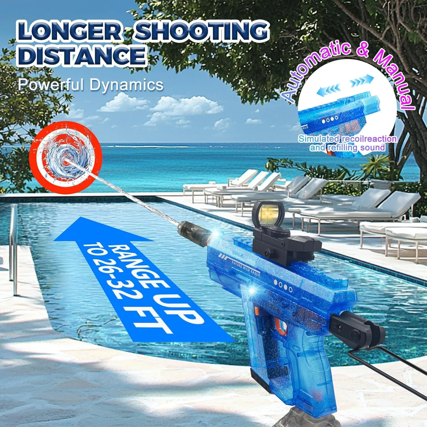 Upgraded Electric Water Gun for Adults Kids 26-32FT Long Range Squirt Gun Auto-Refill 800ml High Capacity Water Guns Toys with LED Light Pool Beach Outdoor Summer Gift Toys for Kids Ages 6-12 Black