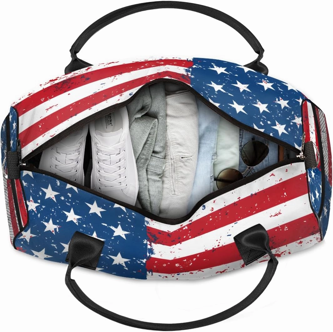 USA Flag Travel Duffle Bag for Women Men Foldable Waterproof Weekender Bag Carry on Tote for Overnight Sports Gym American Stripes Stars