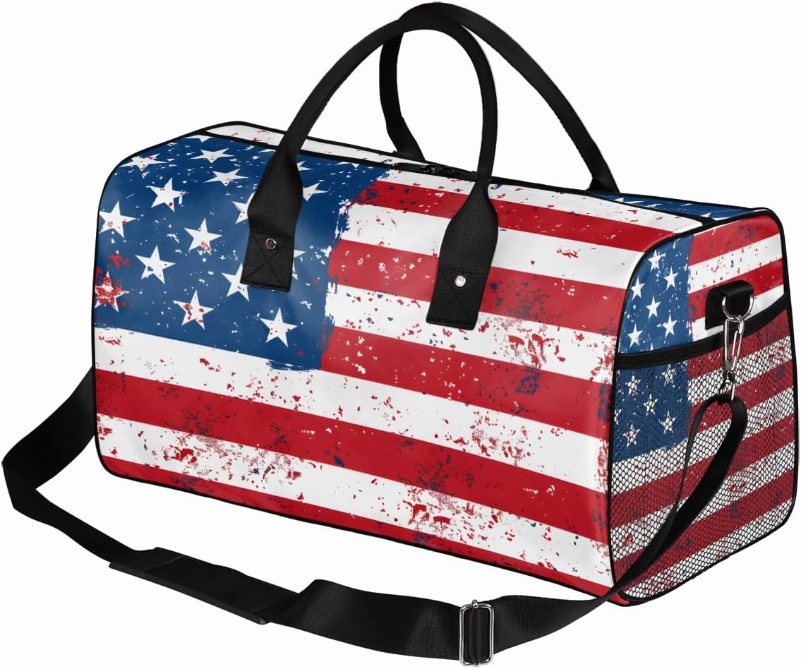 USA Flag Travel Duffle Bag for Women Men Foldable Waterproof Weekender Bag Carry on Tote for Overnight Sports Gym American Stripes Stars