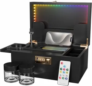 Usoway Bamboo Storage Box With Colored LED Lights - 358 Kinds Cool Light Effects, Premium Decorative Wooden Box With Combination Lock, Storage Box Set With Sliding Tray and Accessories (Black)