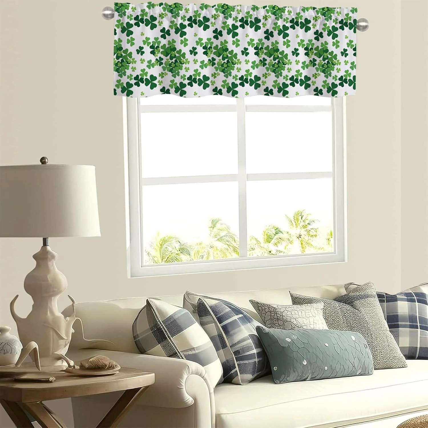 Valance Curtains for Windows,St. Patrick's Day Green Clovers Semi Sheer Curtain Valance,Short Rod Pocket Window Treatment,Window Valance Curtains for Kitchen Living Room Bedroom Windows 54"x18"