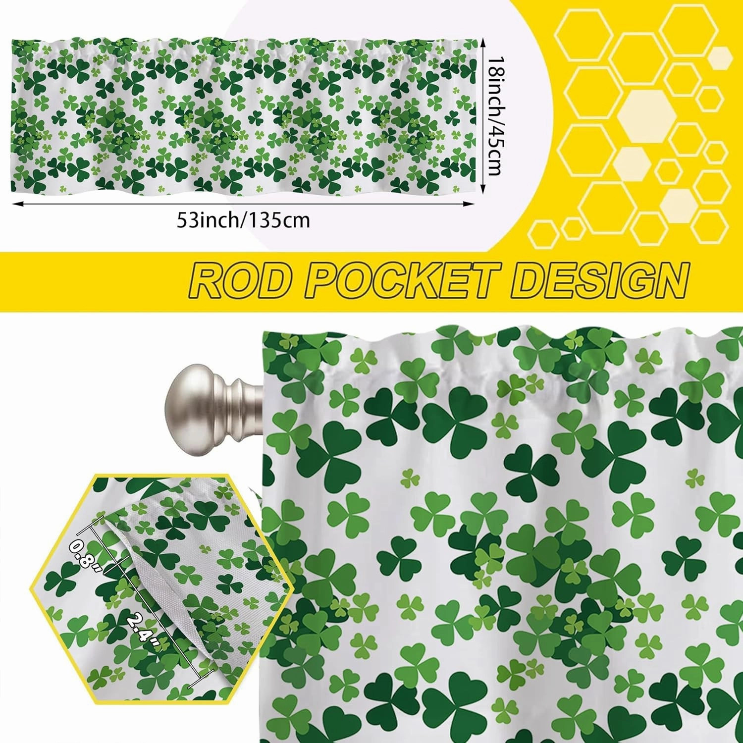 Valance Curtains for Windows,St. Patrick's Day Green Clovers Semi Sheer Curtain Valance,Short Rod Pocket Window Treatment,Window Valance Curtains for Kitchen Living Room Bedroom Windows 54"x18"