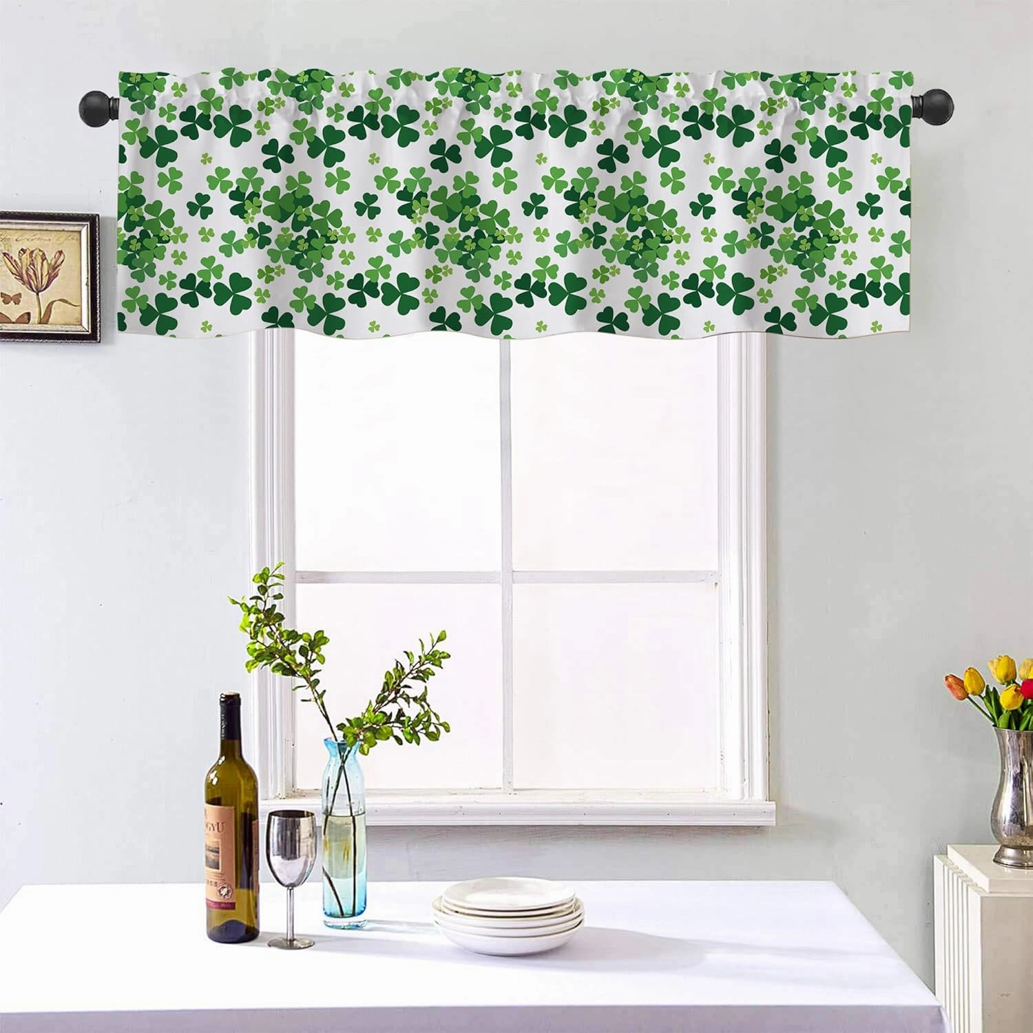 Valance Curtains for Windows,St. Patrick's Day Green Clovers Semi Sheer Curtain Valance,Short Rod Pocket Window Treatment,Window Valance Curtains for Kitchen Living Room Bedroom Windows 54"x18"