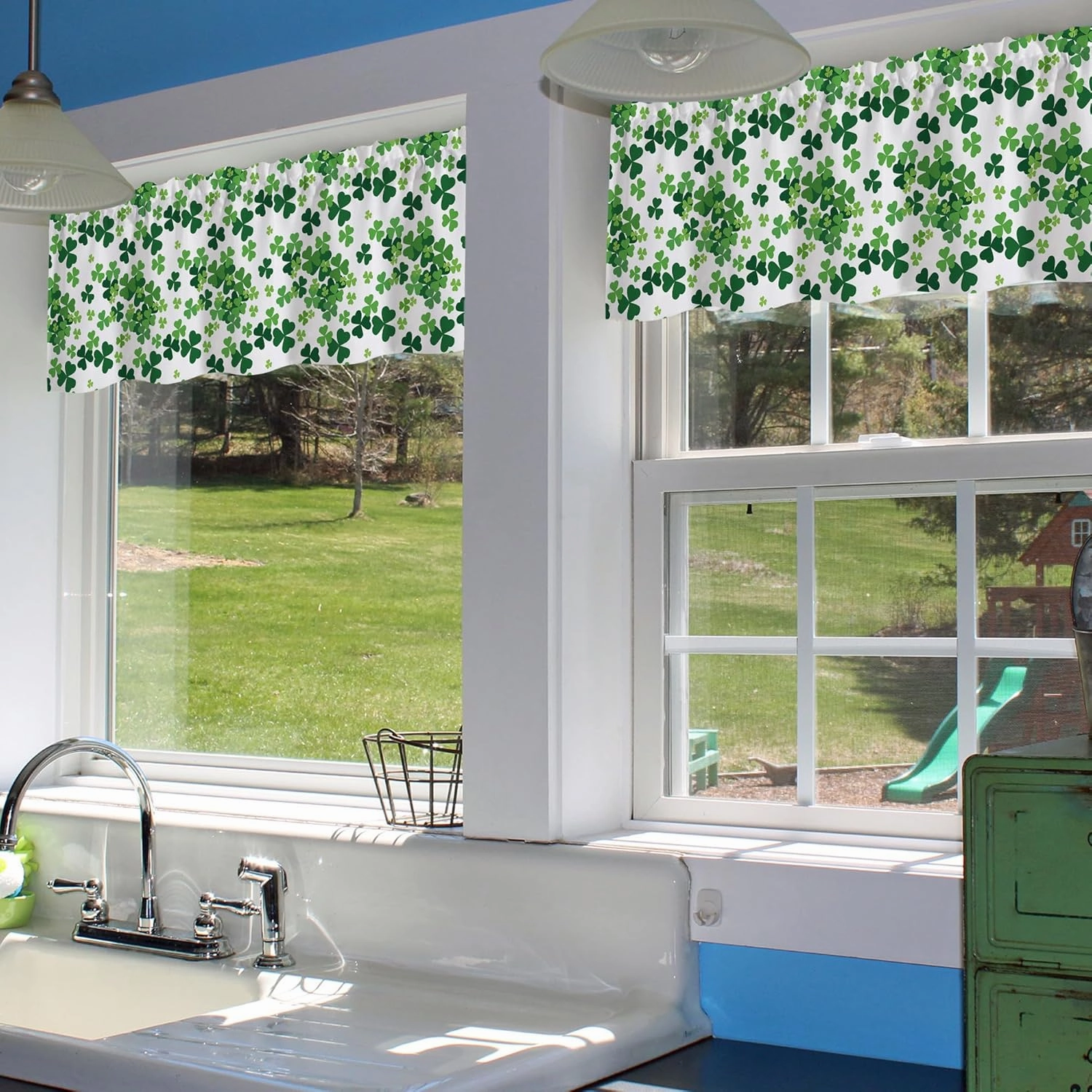 Valance Curtains for Windows,St. Patrick's Day Green Clovers Semi Sheer Curtain Valance,Short Rod Pocket Window Treatment,Window Valance Curtains for Kitchen Living Room Bedroom Windows 54"x18"