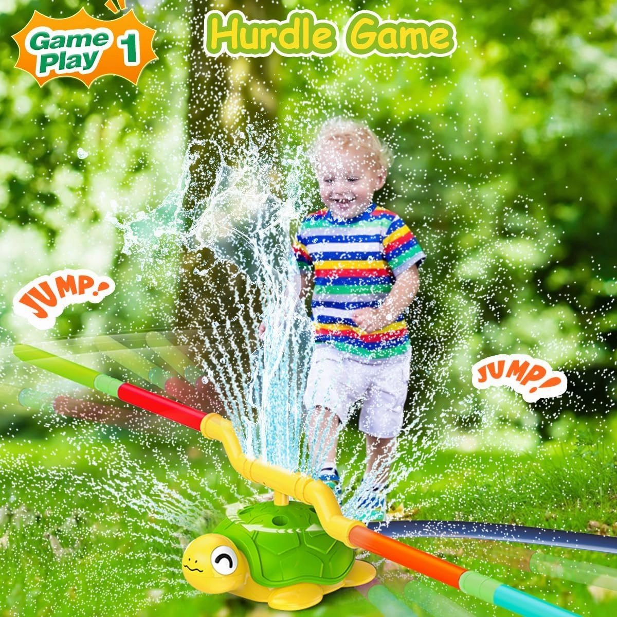 VATOS 4-in-1 Turtle Water Sprinkler for Kids, Outdoor Toys with Snail Splash, Ring Toss, Catch Ball Game & Hurdle Play, 360°Roating Spray Summer Fun Backyard Garden Lawn for Toddlers Kids Boys 3-8