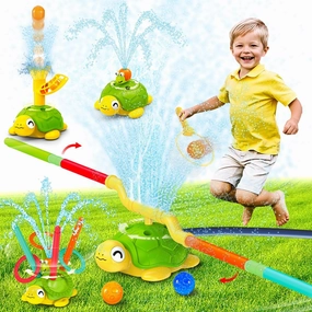 VATOS 4-in-1 Turtle Water Sprinkler for Kids, Outdoor Toys with Snail Splash, Ring Toss, Catch Ball Game & Hurdle Play, 360°Roating Spray Summer Fun Backyard Garden Lawn for Toddlers Kids Boys 3-8