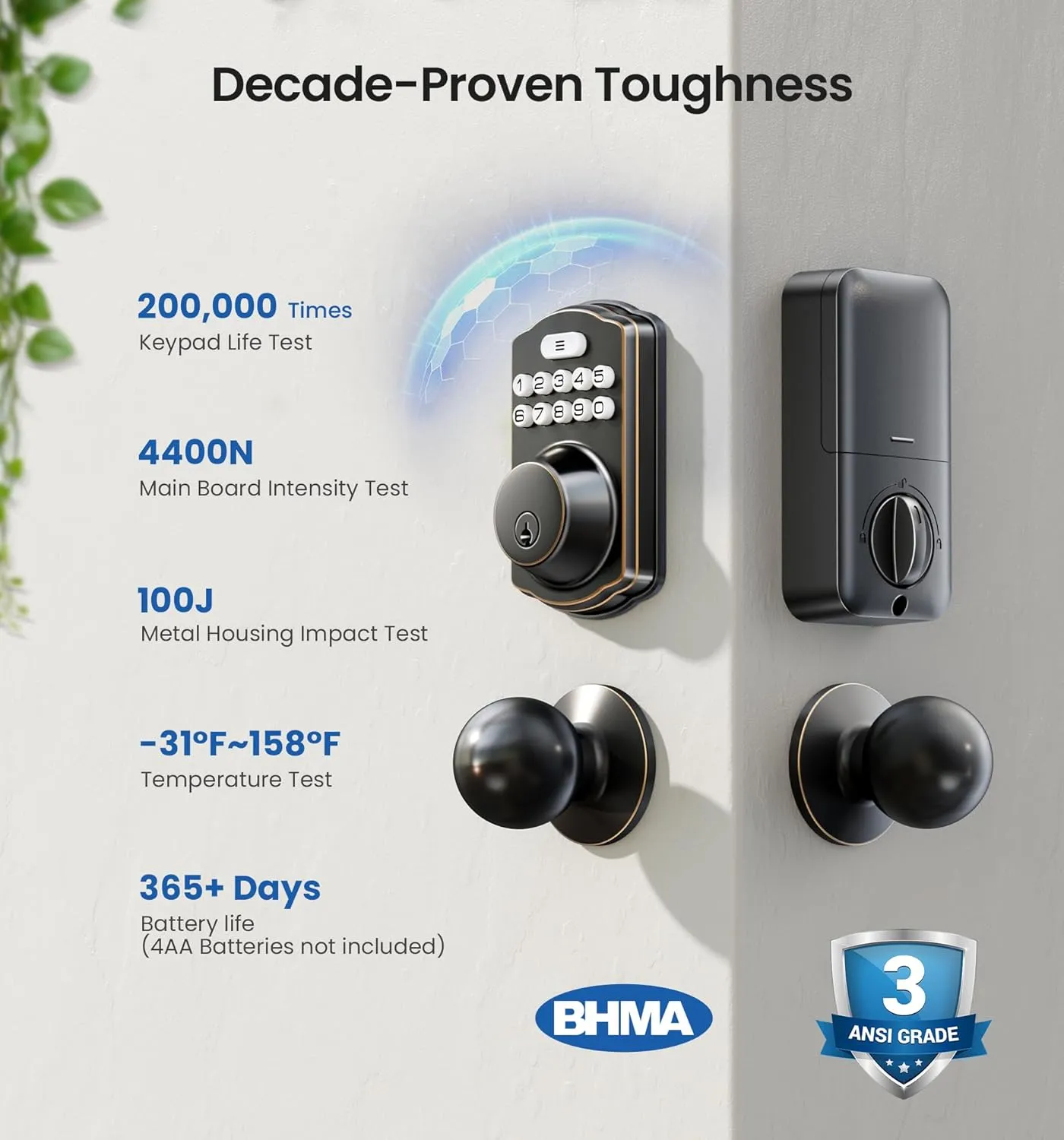 Veise Keyless Entry Door Lock with 2 Knobs, Electronic Backlit Keypad Deadbolt with Handle Set, Auto Lock, One-time Codes, Smart Deadbolt for Front Door, Easy Installation, Oil-Rubbed Bronze