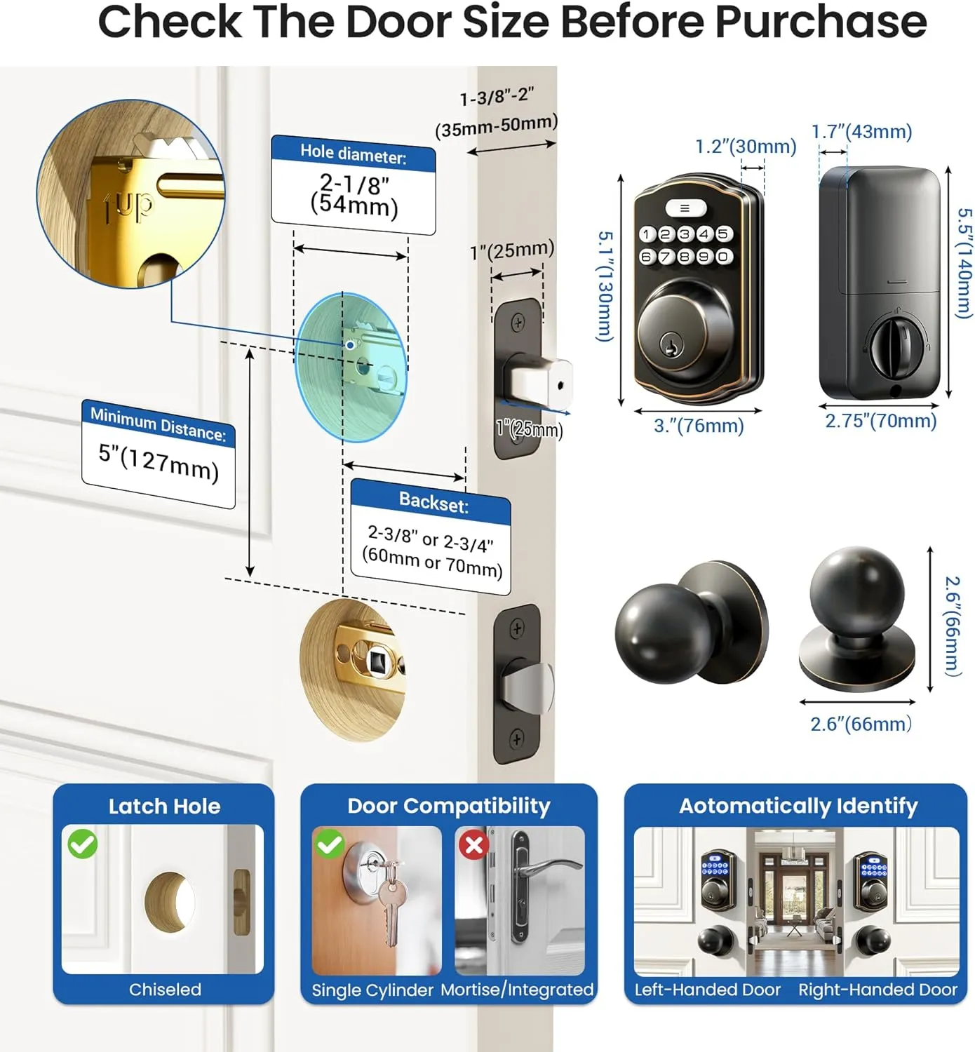 Veise Keyless Entry Door Lock with 2 Knobs, Electronic Backlit Keypad Deadbolt with Handle Set, Auto Lock, One-time Codes, Smart Deadbolt for Front Door, Easy Installation, Oil-Rubbed Bronze