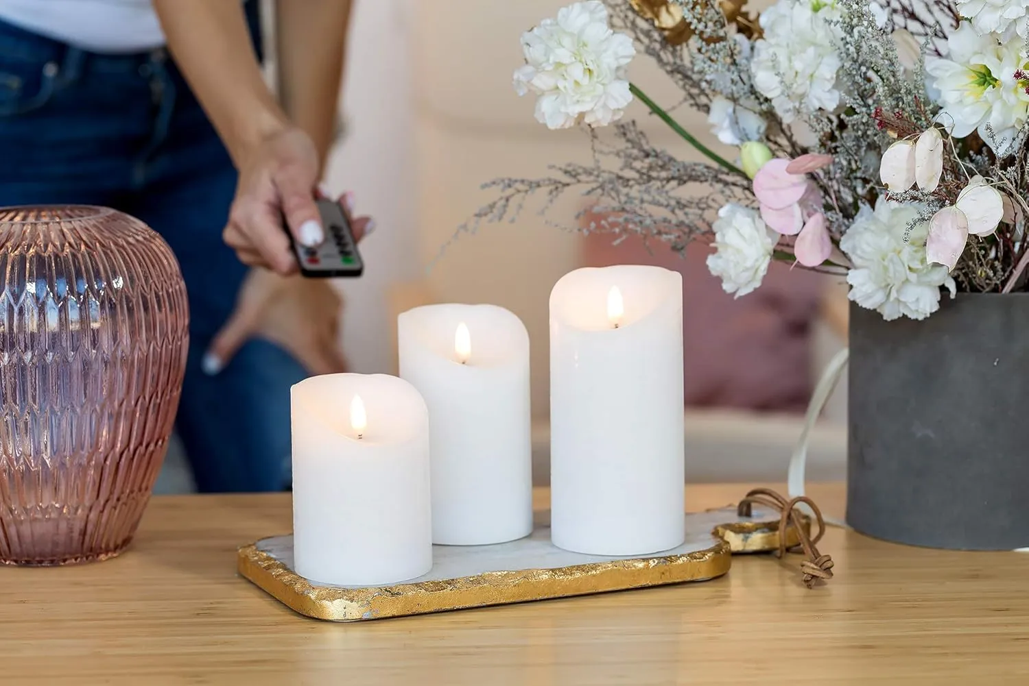 VENTA Flickering Flameless Candles with Remote Control - Led Candles Battery Operated - Battery Operated Candle for Decoration Table, Timer & Dimmer Features, Set - 3Pcs (4",5",6") (White)