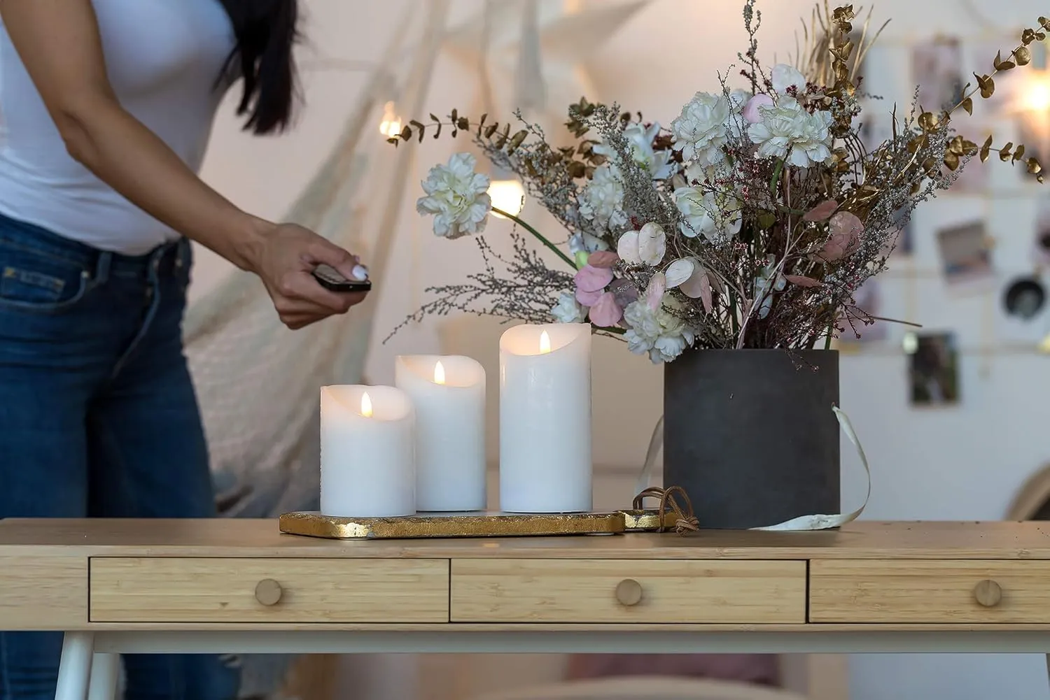 VENTA Flickering Flameless Candles with Remote Control - Led Candles Battery Operated - Battery Operated Candle for Decoration Table, Timer & Dimmer Features, Set - 3Pcs (4",5",6") (White)