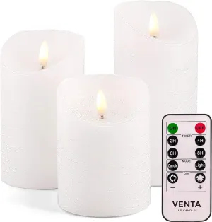 VENTA Flickering Flameless Candles with Remote Control - Led Candles Battery Operated - Battery Operated Candle for Decoration Table, Timer & Dimmer Features, Set - 3Pcs (4",5",6") (White)