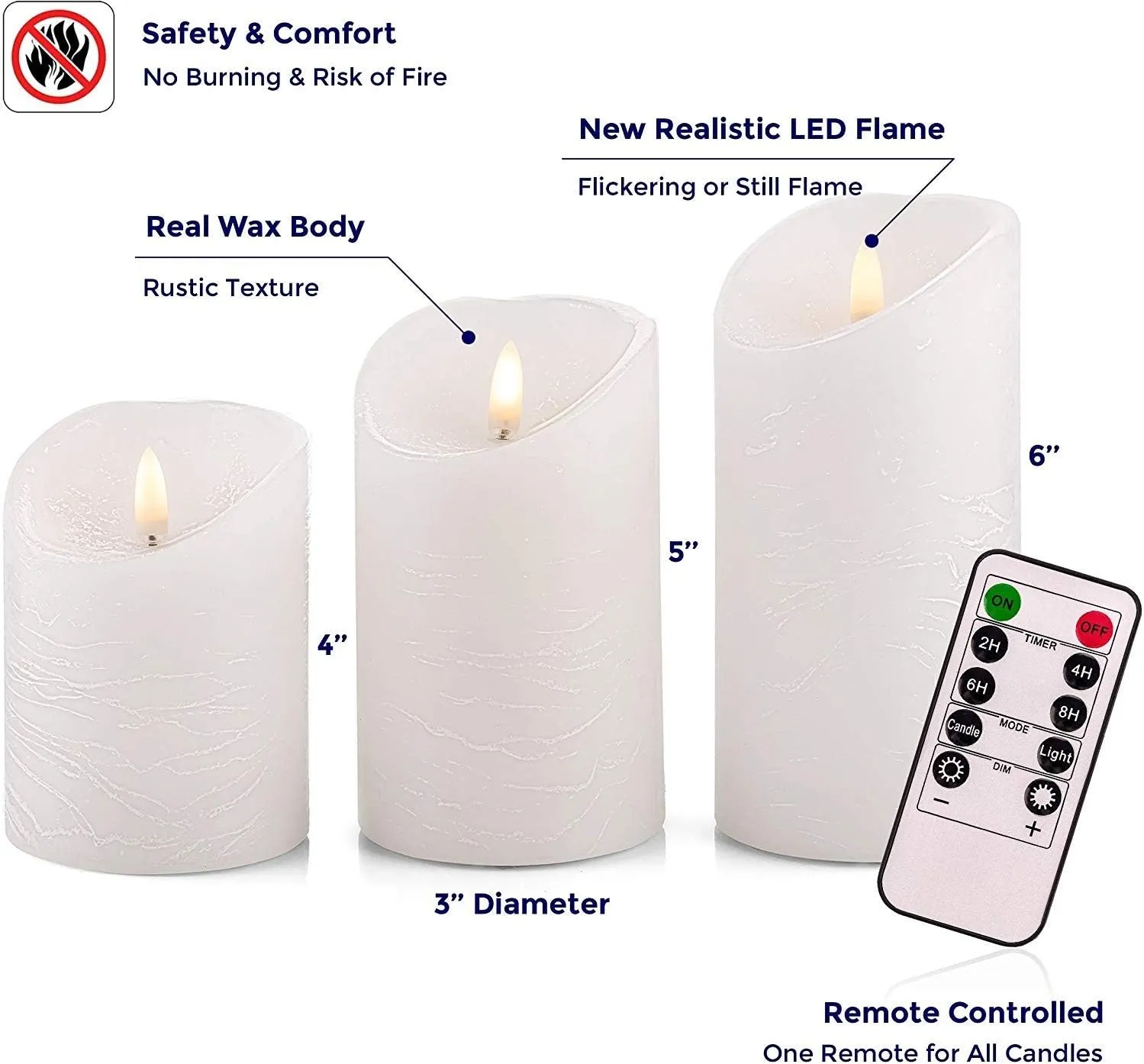 VENTA Flickering Flameless Candles with Remote Control - Led Candles Battery Operated - Battery Operated Candle for Decoration Table, Timer & Dimmer Features, Set - 3Pcs (4",5",6") (White)