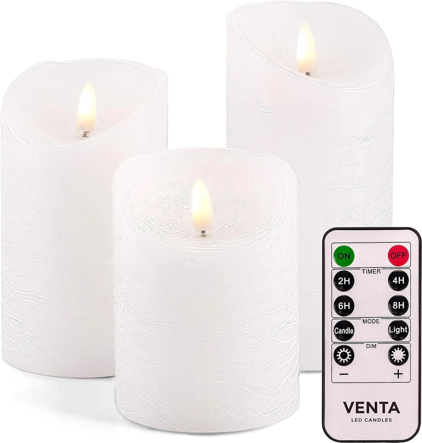 VENTA Flickering Flameless Candles with Remote Control - Led Candles Battery Operated - Battery Operated Candle for Decoration Table, Timer & Dimmer Features, Set - 3Pcs (4",5",6") (White)