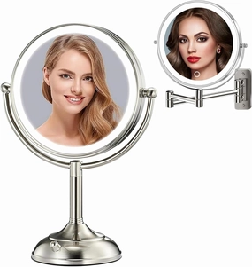 VESAUR 10" Extra Large 17" Tall Lighted Makeup Mirror, 1X/5X Undistorted Magnifying Vanity Mirror and 9" Large 15X Rechargeable Wall Mounted Lighted Makeup Mirror Nickel