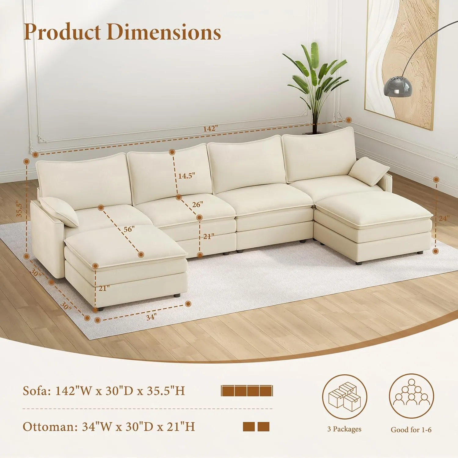 Vesgantti 142" U Shaped Sectional Couch, Comfy Cloud Modular Sectional Sofa with 2 Ottoman Deep Seat Chenille Modern Cloud Sofa, Modular Sofas for Living Room, Bedroom and Apartment, Beige