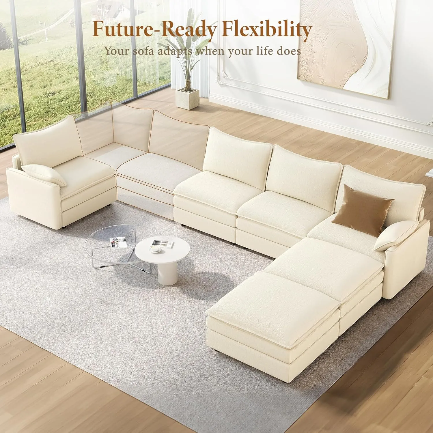 Vesgantti 142" U Shaped Sectional Couch, Comfy Cloud Modular Sectional Sofa with 2 Ottoman Deep Seat Chenille Modern Cloud Sofa, Modular Sofas for Living Room, Bedroom and Apartment, Beige