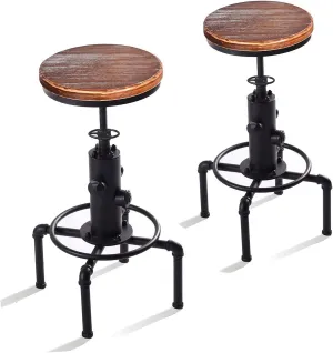 Vintage Industrial Bar Stools,Kitchen Counter Bar Stool Height Adjustable 23.6"-29.5" Swivel Bar Stool, Solid Wood Water Pipe Fire Cafe Pub Bar Stool,Set of 2, Black