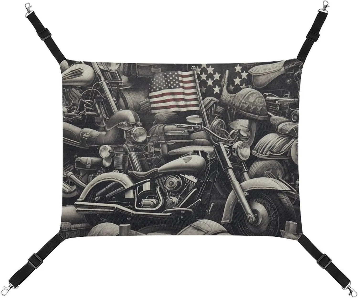 Vintage Motorcycles Cat Hanging Hammock Soft Breathable Pet Cage Dog Hammock with Adjustable Straps and Metal Hooks
