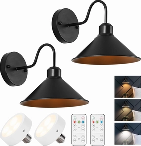 Vintage Gooseneck Wireless Battery Operated Wall Sconces Set of 2, Black Cordless Battery Powered Led Wall Lamps Decor with Remote, Dimmable Indoor Beside Light Fixture for Bedroom Kitchen