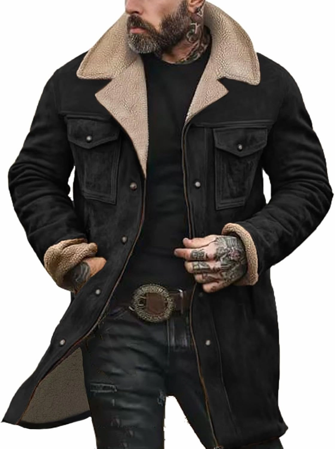 Vintage Suede Pocket Plush Reversed Collar Mens Outdoor Jacket Coat Retro Fashion Tops Warm Winter Shacket Outerwear