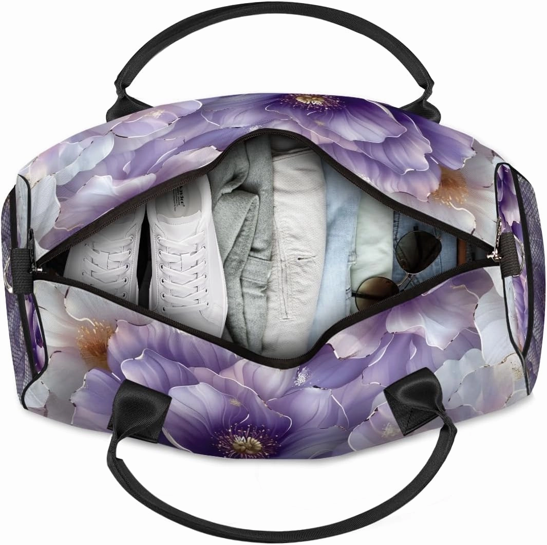 Violet Floral Travel Duffle Bag for Women Men Foldable Waterproof Weekender Bag Carry on Tote for Overnight Sports Gym Purple Flower