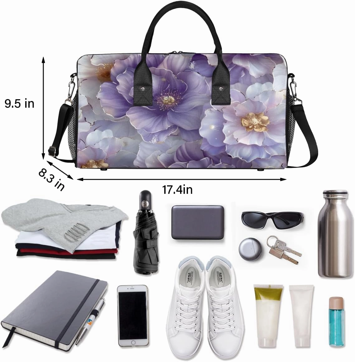 Violet Floral Travel Duffle Bag for Women Men Foldable Waterproof Weekender Bag Carry on Tote for Overnight Sports Gym Purple Flower