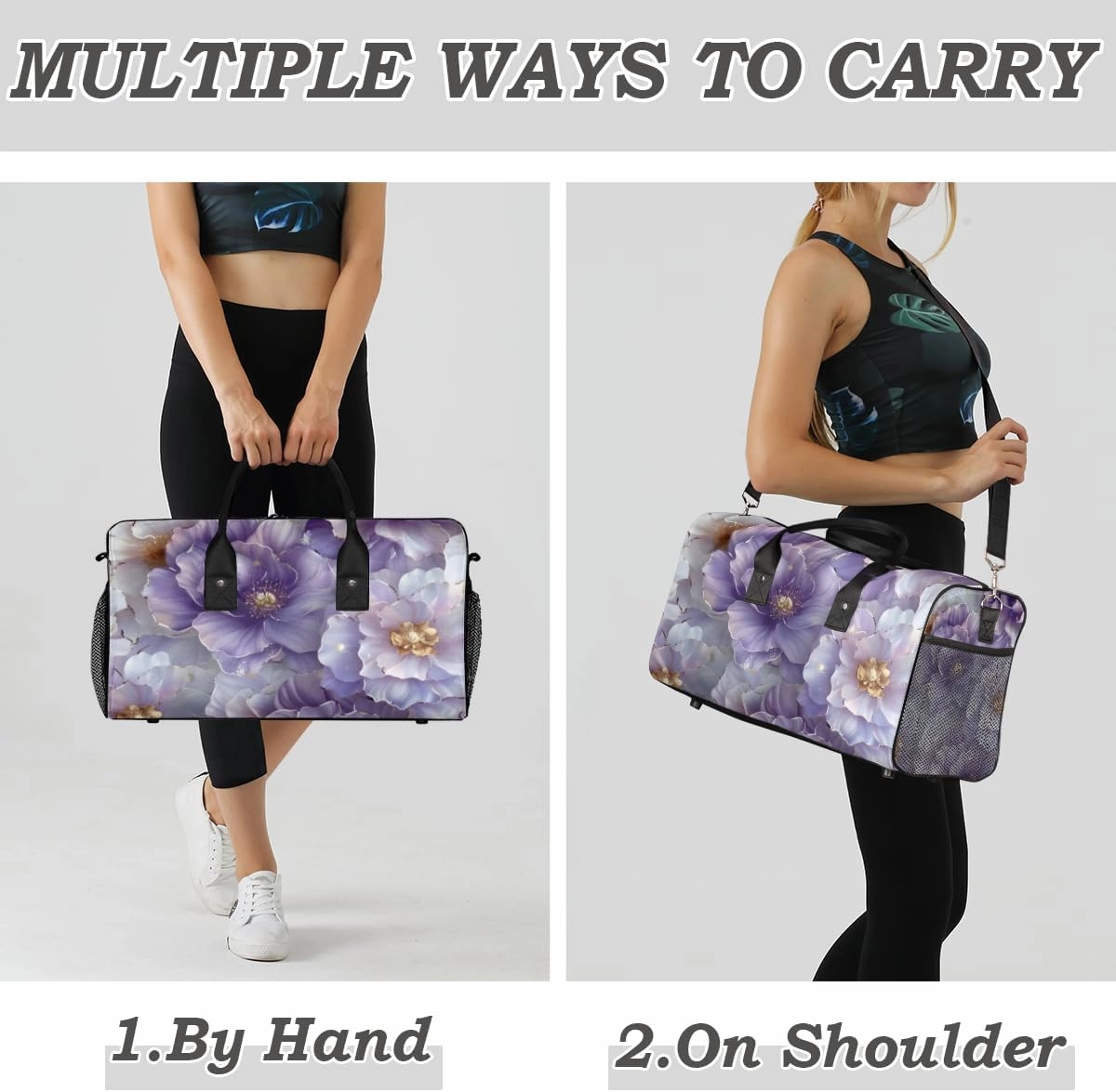 Violet Floral Travel Duffle Bag for Women Men Foldable Waterproof Weekender Bag Carry on Tote for Overnight Sports Gym Purple Flower