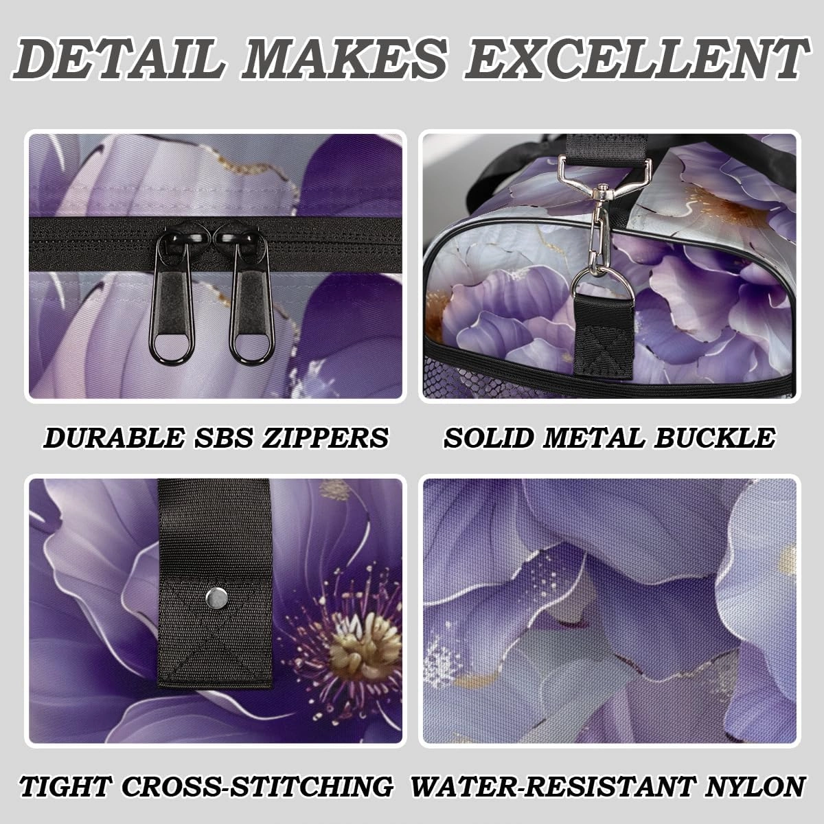 Violet Floral Travel Duffle Bag for Women Men Foldable Waterproof Weekender Bag Carry on Tote for Overnight Sports Gym Purple Flower