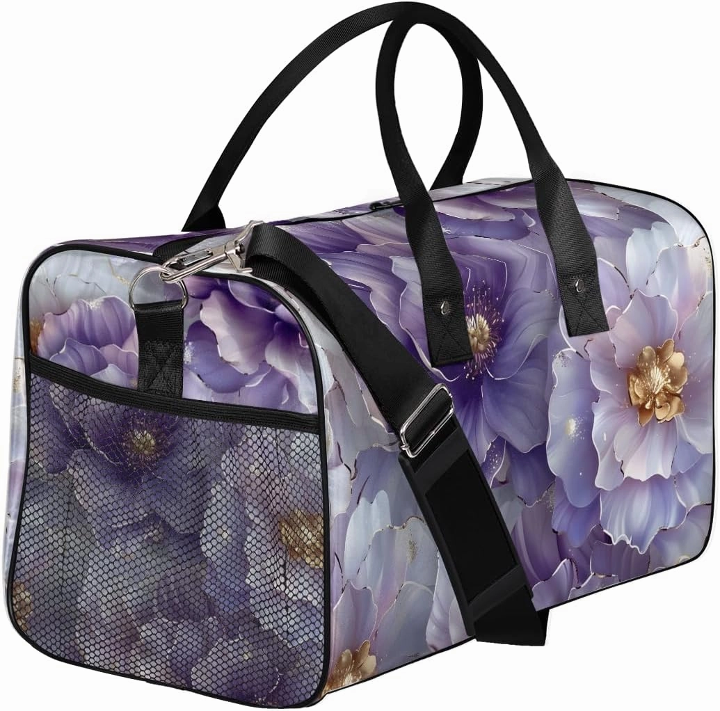 Violet Floral Travel Duffle Bag for Women Men Foldable Waterproof Weekender Bag Carry on Tote for Overnight Sports Gym Purple Flower