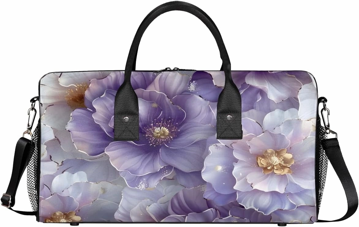Violet Floral Travel Duffle Bag for Women Men Foldable Waterproof Weekender Bag Carry on Tote for Overnight Sports Gym Purple Flower