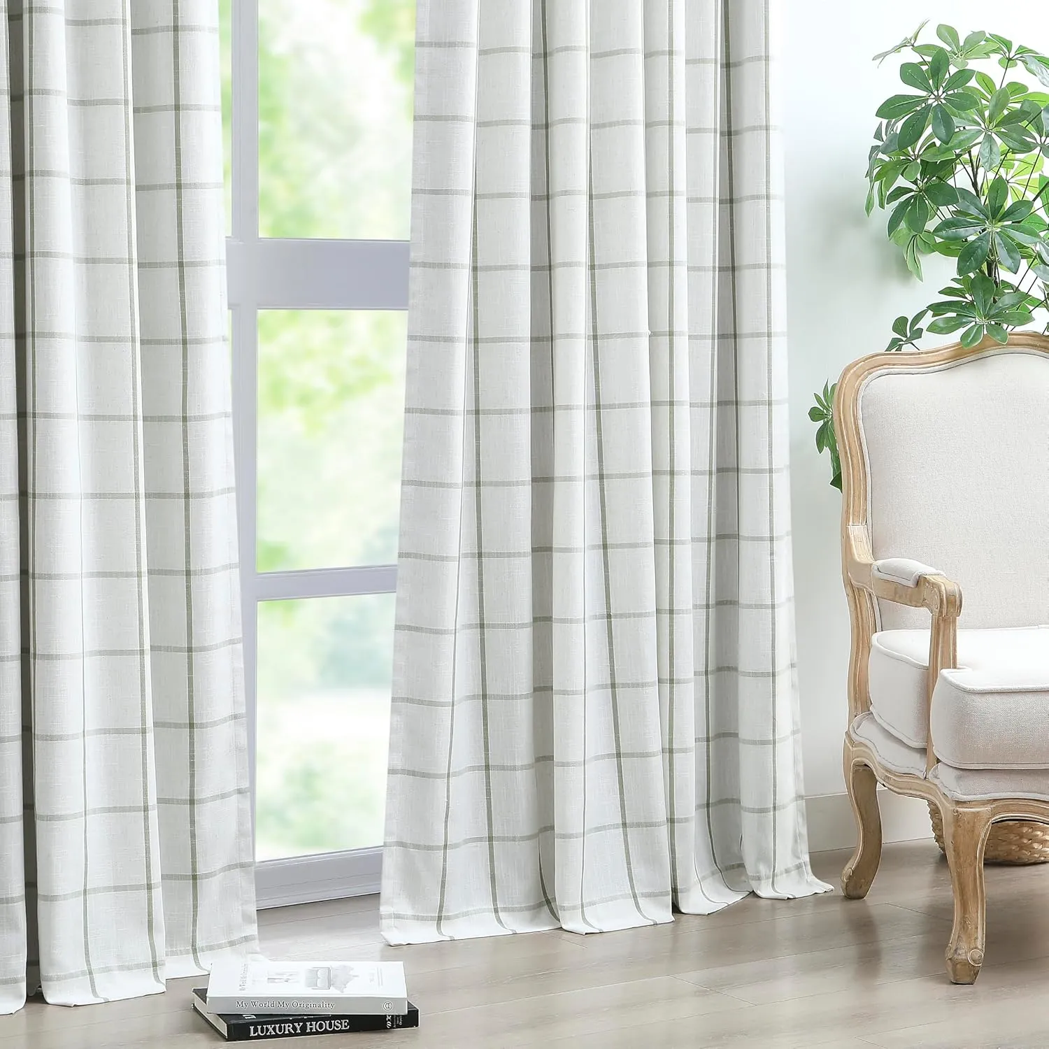 Vision Home Sage Green Plaid Linen Pinch Pleated Full Blackout Curtains Checkered Thermal Insulated Window Panels 95 inch for Bedroom Living Room Darkening Rustic Pleat Drapes with Hooks 40" Wx95 Lx2