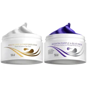 VITAMINS hair cosmetics Keratin Thick Hair Leave-In Conditioner & Purple Blue Hair Mask Kit, No Rinse Moisturizing Curl Cream & Anti-Brass Conditioner for Bleached Blonde Platinum Silver Gray Dry Hair