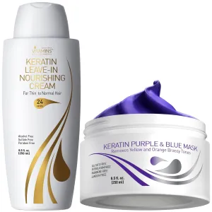VITAMINS hair cosmetics Keratin Thin Hair Leave-In Conditioner & Purple Blue Hair Mask Kit - Hydrating No Rinse Cream & Anti-Brass Conditioner for Bleached Blonde Platinum Silver Gray Dry Damaged Hair