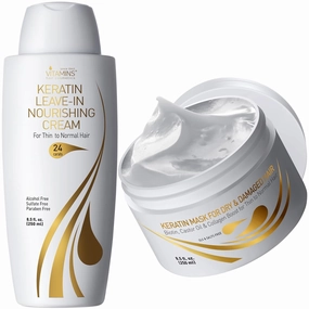 VITAMINS hair cosmetics Leave-In Keratin Booster Nourishing Solution and Hair Mask Deep Conditioning Therapy for Dry, Thin, Damaged, Fine Hair - Pro Hydrating, Ultra Moisturizing, Repairing Treatment