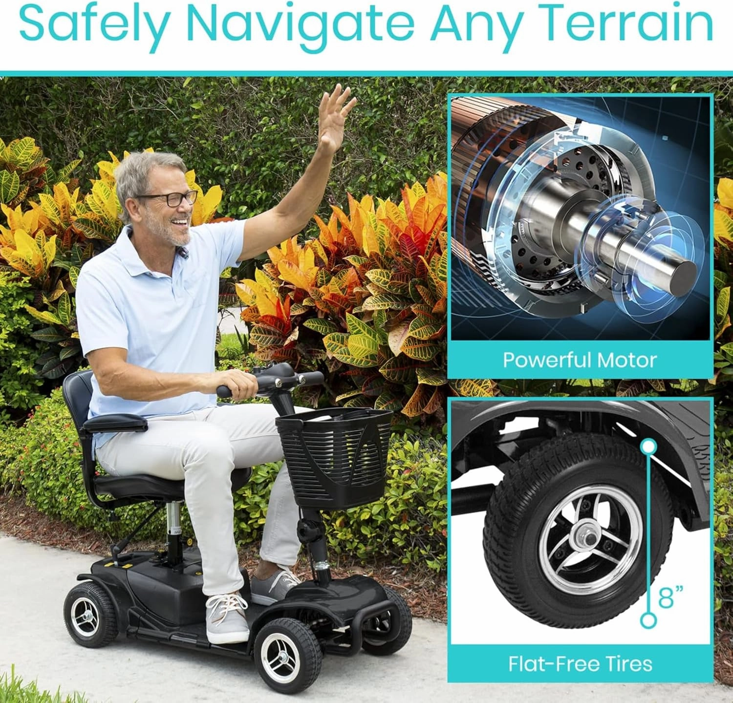 Vive 4 Wheel Mobility Scooter - Electric Powered Wheelchair Device - Compact Heavy Duty Mobile for Travel, Adults, Elderly - Long Range Power Extended Battery with Charger & Basket (FSA/HSA Eligible)
