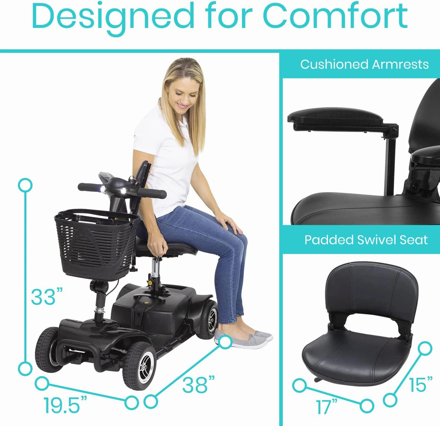 Vive 4 Wheel Mobility Scooter - Electric Powered Wheelchair Device - Compact Heavy Duty Mobile for Travel, Adults, Elderly - Long Range Power Extended Battery with Charger & Basket (FSA/HSA Eligible)
