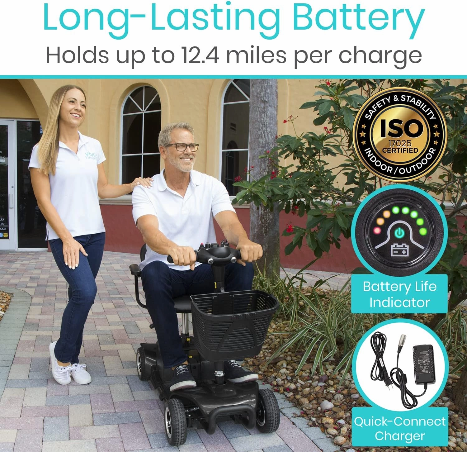 Vive 4 Wheel Mobility Scooter - Electric Powered Wheelchair Device - Compact Heavy Duty Mobile for Travel, Adults, Elderly - Long Range Power Extended Battery with Charger & Basket (FSA/HSA Eligible)