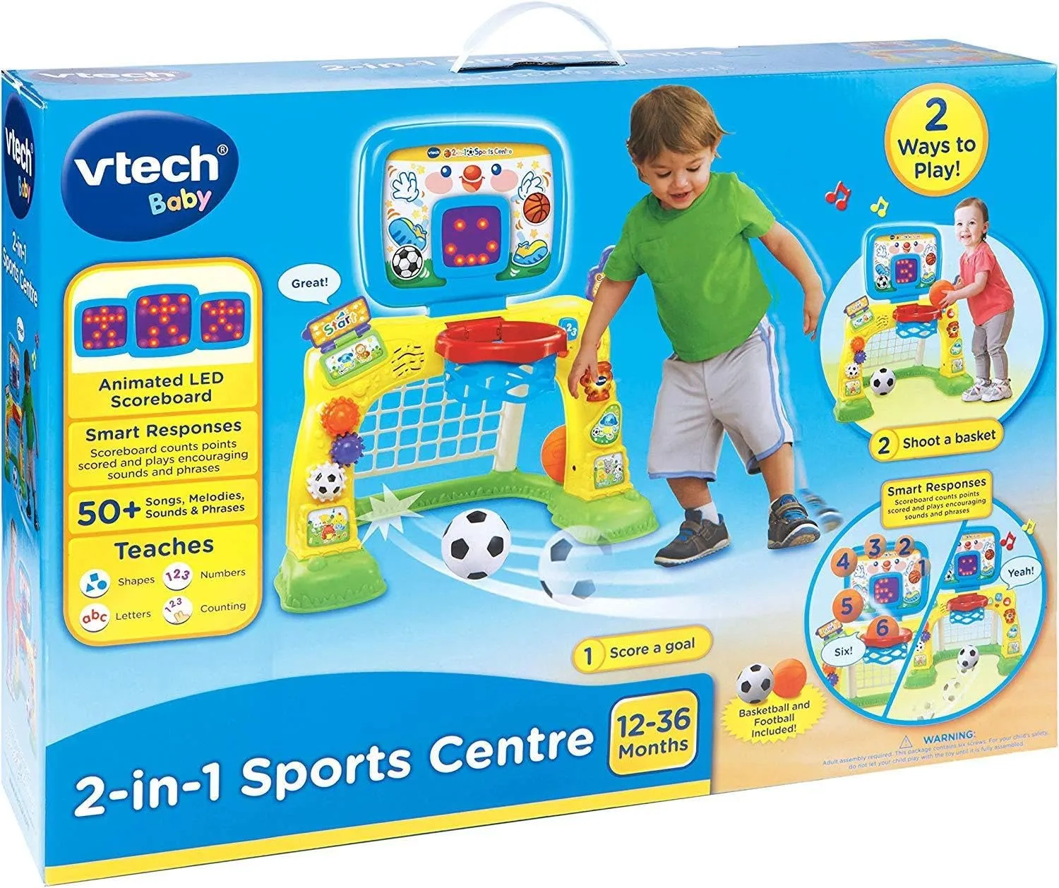 VTech 3-in-1 Sports Centre, Baby Interactive Toy with Colours and Sounds, Learning with Role-Play, Suitable for Baby Boys & Girls from 12 to 36 Months (Yellow/Blue), English Version, 66x58x44 cm
