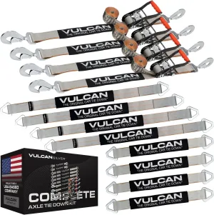 Vulcan Complete Tie Down Kit - Silver Series - Includes 4x 22" & 36" Axle Straps, 4x 8' Snap Hook Ratchet Straps